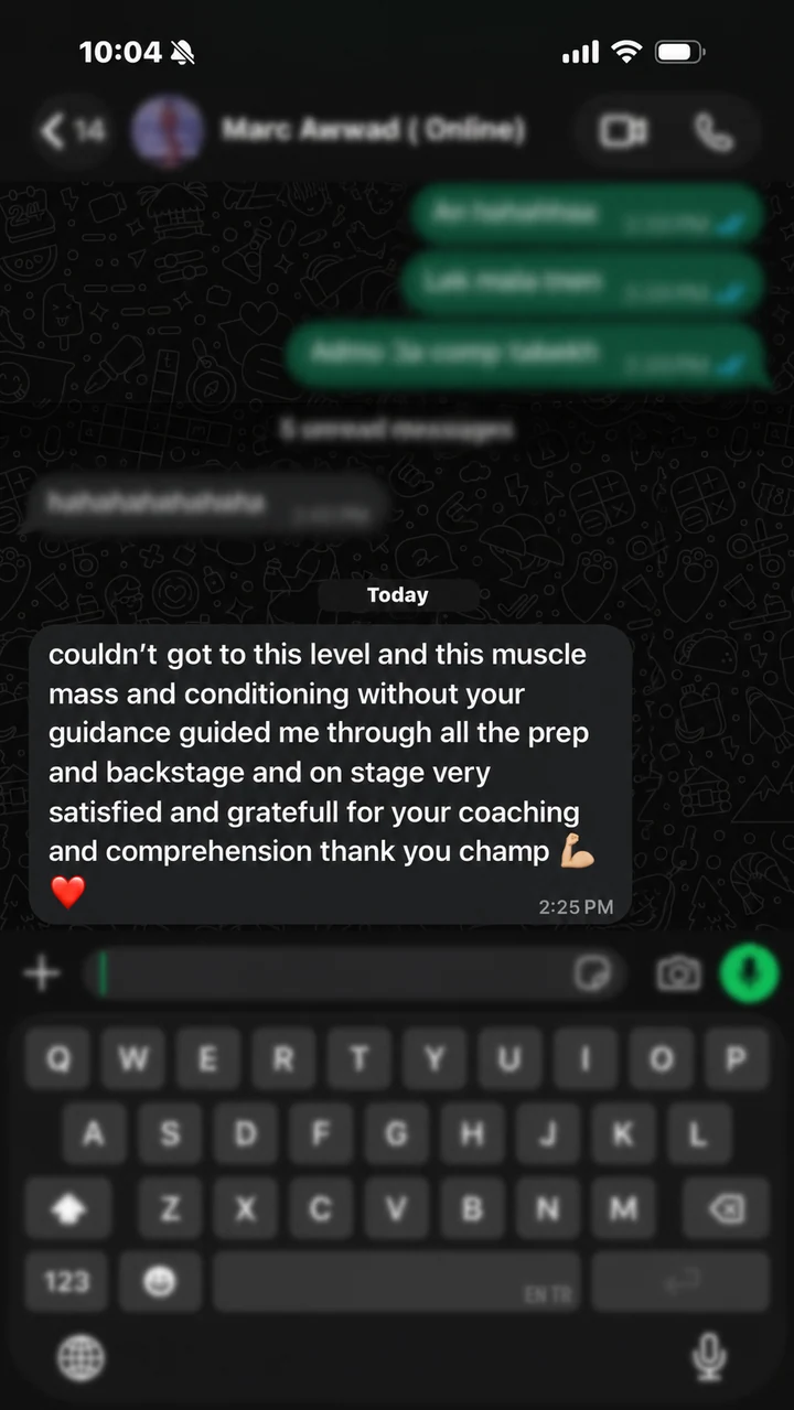 WhatsApp testimonial thanking Michel for contest-prep guidance, backstage direction, and stage support