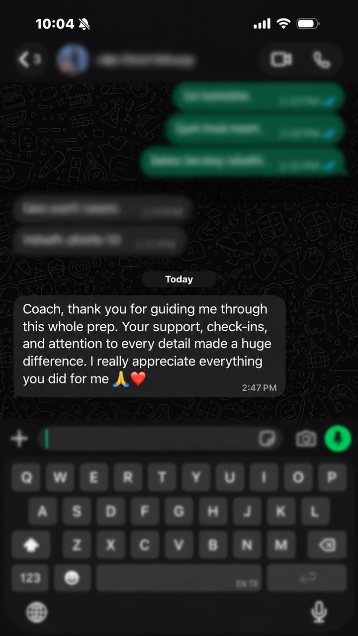 WhatsApp testimonial thanking Michel for detailed check-ins and support through a full contest prep